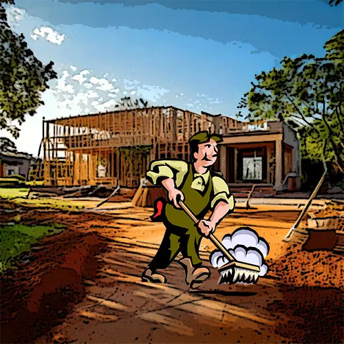 A worker cleaning a construction site near a partially built house, emphasizing cleanliness and safety in construction.