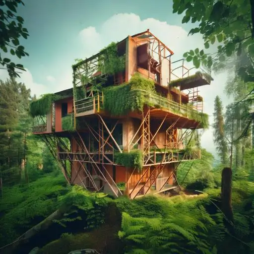 A modern treehouse with an intricate metal framework is set amidst a lush green forest. The multi-level structure is adorned with vines and greenery, harmonizing with the surrounding trees. Sunlight filters through the dense foliage.