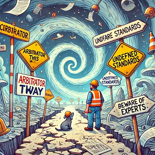 A construction worker and dog standing on a chaotic path lined with conflicting signposts about undefined industry standards, symbolizing confusion and uncertainty in construction regulations.
