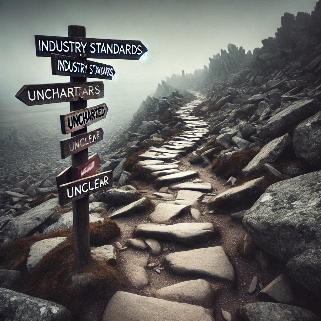 A rocky path in a foggy mountainous area with a wooden signpost displaying confusing and contradictory labels about industry standards, symbolizing unclear guidelines in construction defect claims.